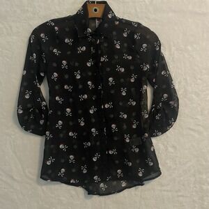 Beautees Skull Crossbones Sheer Button Down Graphic Shirt Women small Goth Emo